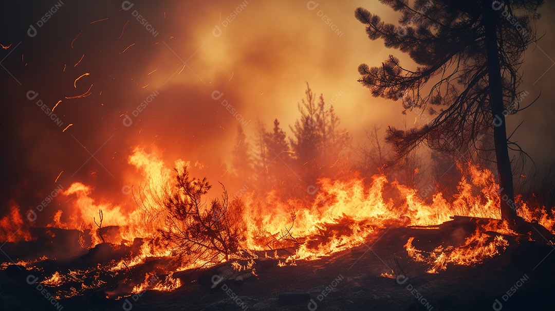 Incêndio florestal ardente destrói ambiente natural ao ar livre