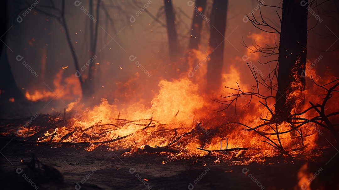 Incêndio florestal ardente destrói ambiente natural ao ar livre
