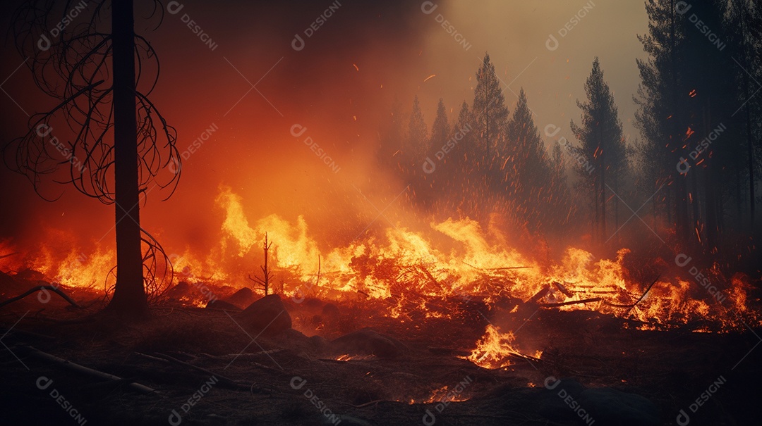 Incêndio florestal ardente destrói ambiente natural ao ar livre