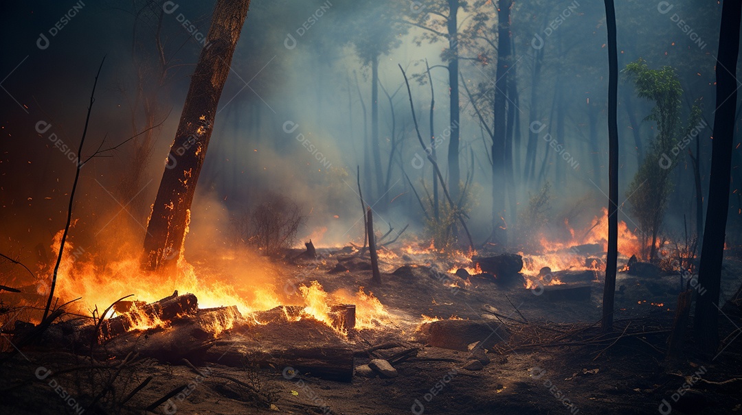 Incêndio florestal ardente destrói ambiente natural ao ar livre