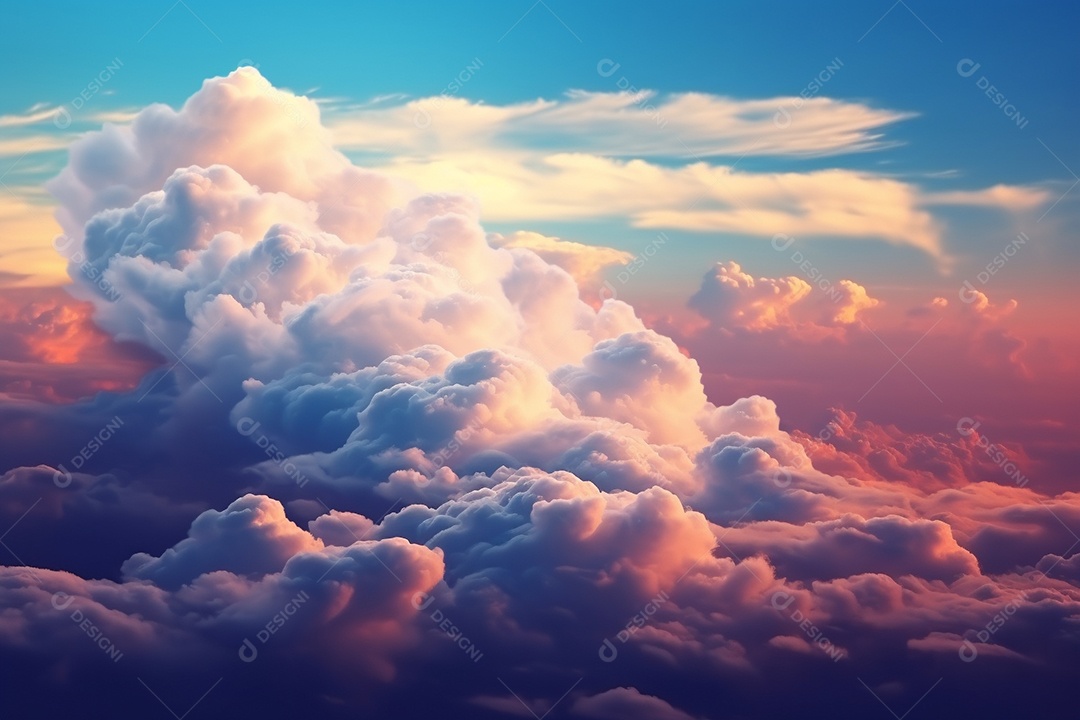 Nuvens brancas dramáticas e céu azul da vista da janela do avião