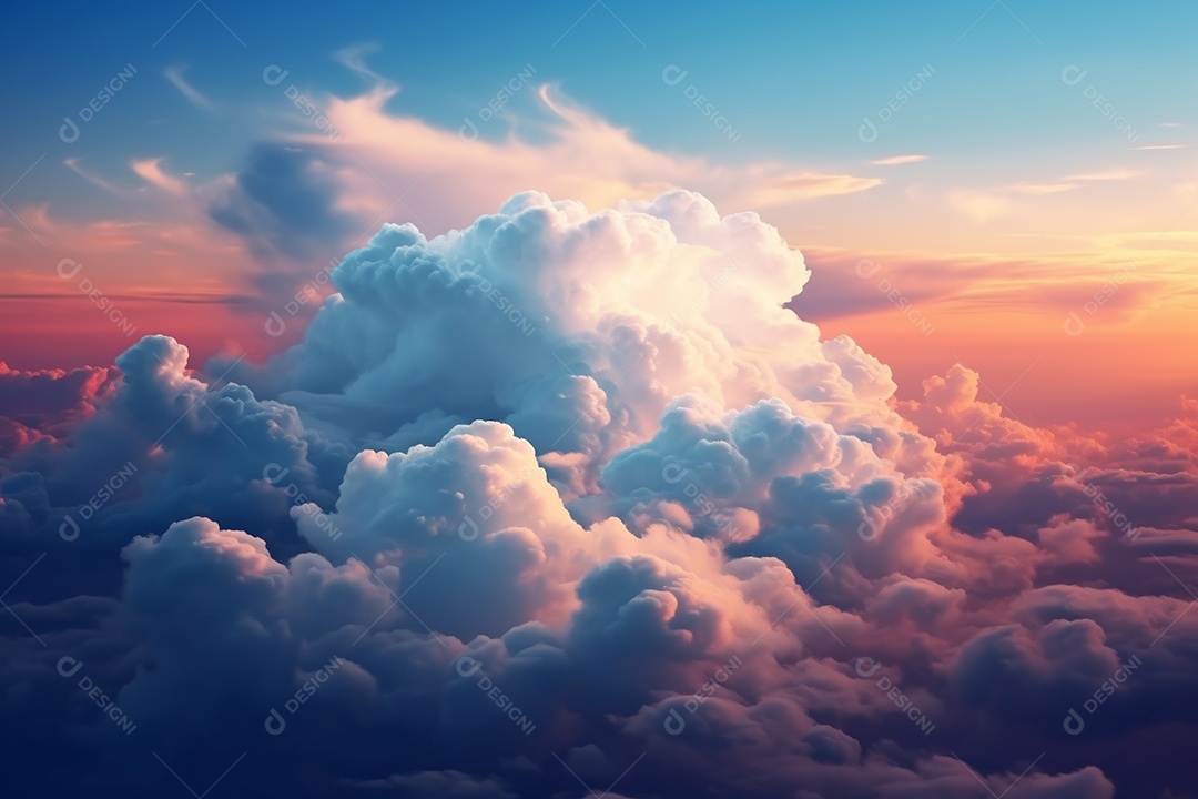 Nuvens brancas dramáticas e céu azul da vista da janela do avião