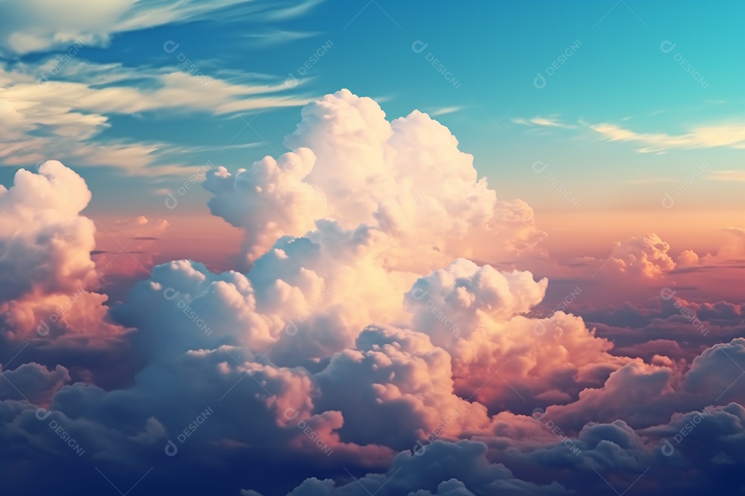 Nuvens brancas dramáticas e céu azul da vista da janela do avião