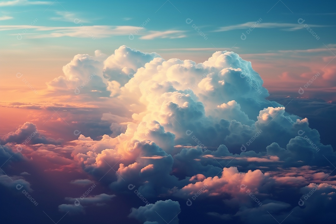 Nuvens brancas dramáticas e céu azul da vista da janela do avião