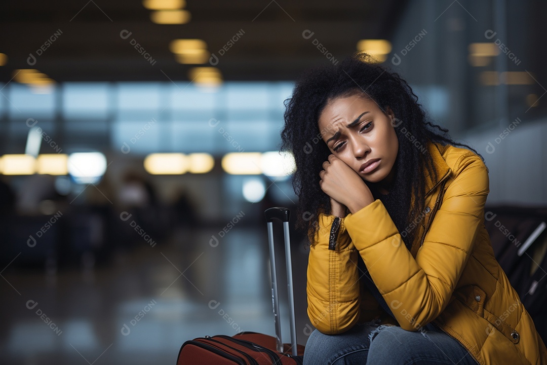 Mulher negra triste porque perdeu o voo no aeroporto