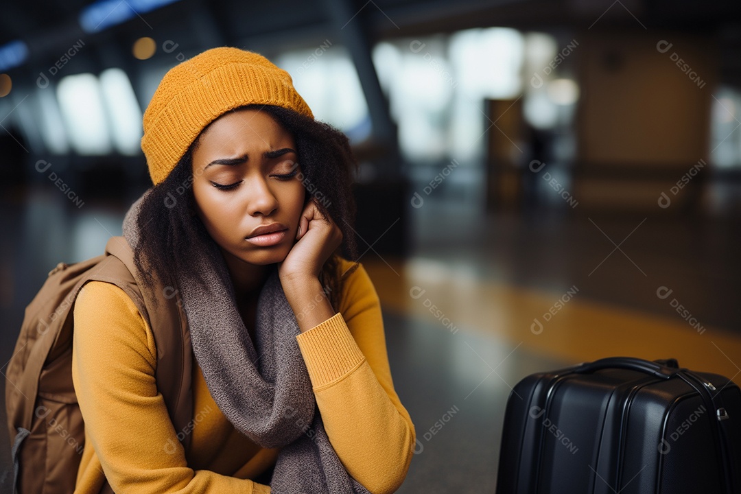 Mulher negra triste porque perdeu o voo no aeroporto