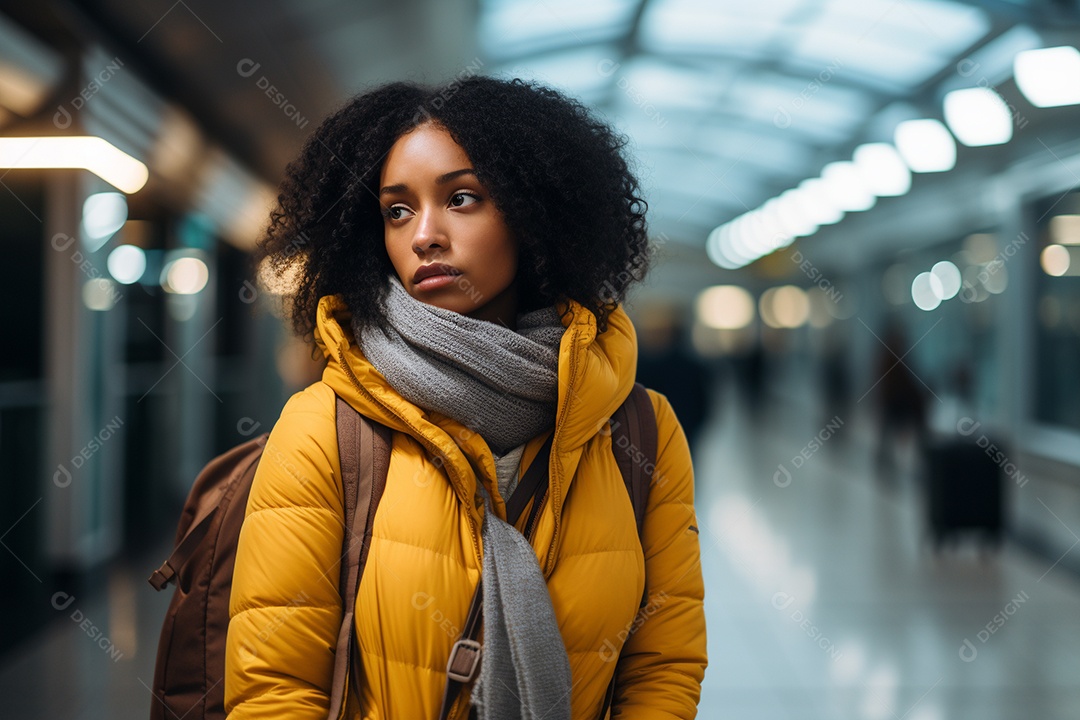 Mulher negra triste porque perdeu o voo no aeroporto