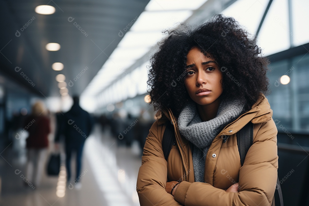 Mulher negra triste porque perdeu o voo no aeroporto