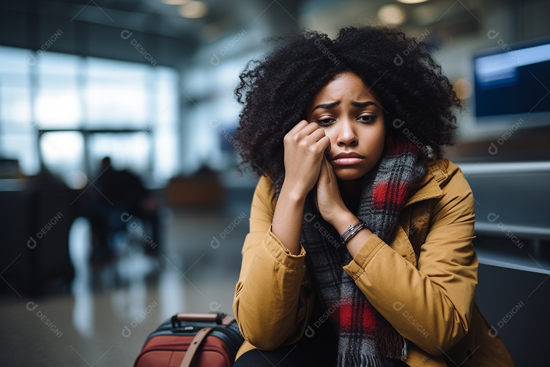 Mulher negra triste porque perdeu o voo no aeroporto