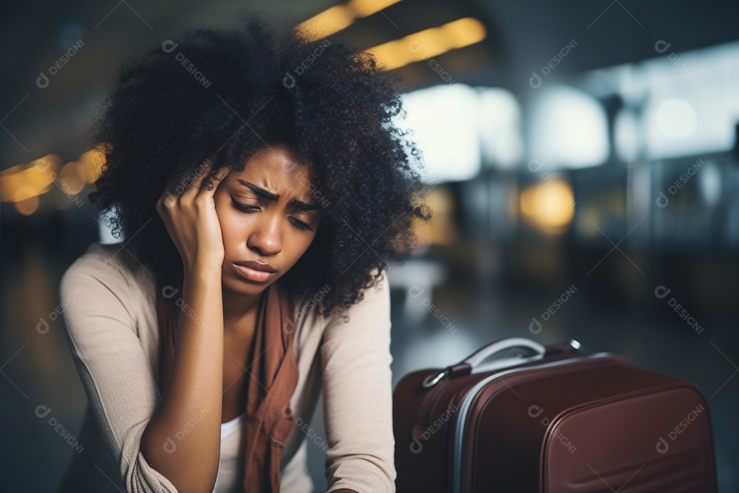 Mulher negra triste porque perdeu o voo no aeroporto