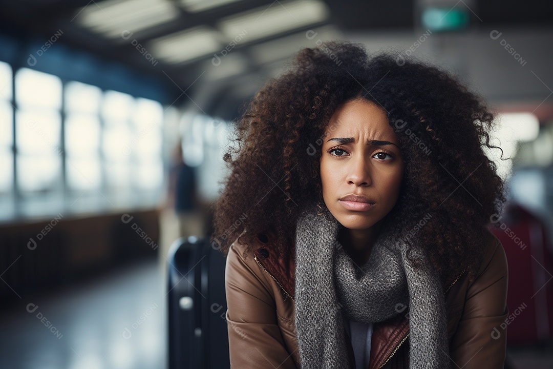 Mulher negra triste porque perdeu o voo no aeroporto