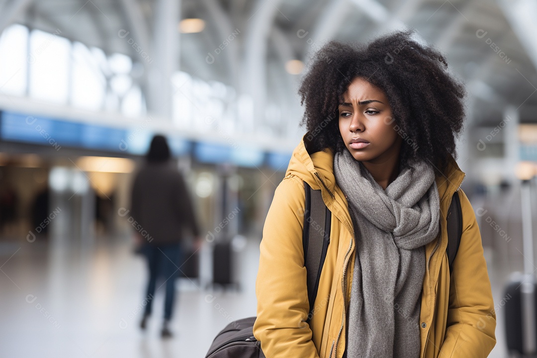 Mulher negra triste porque perdeu o voo no aeroporto