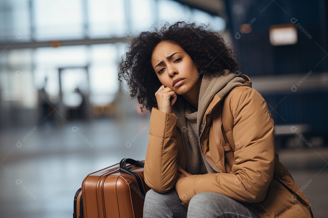 Mulher negra triste porque perdeu o voo no aeroporto