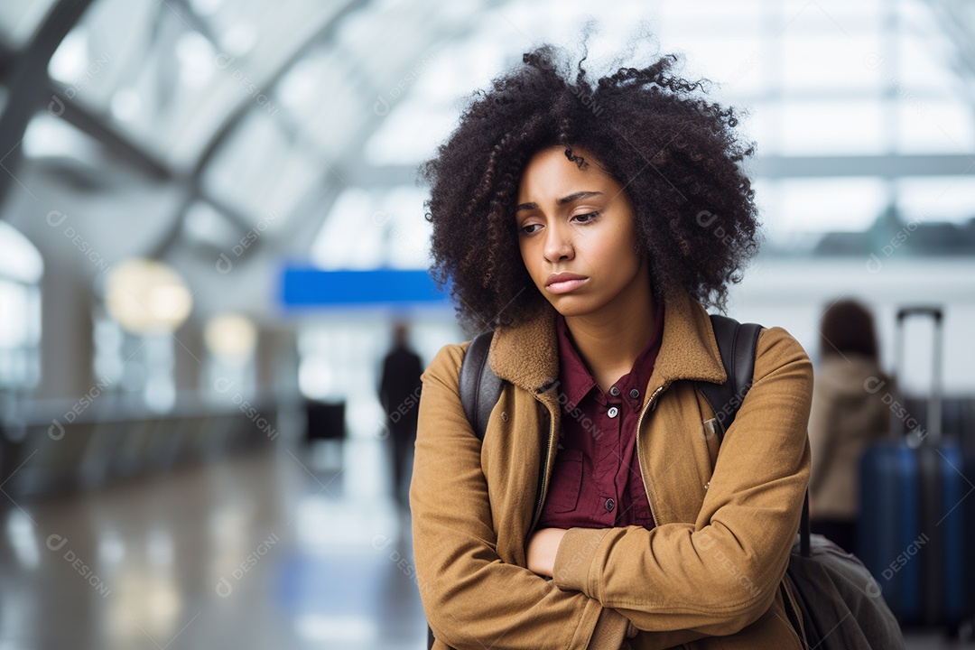 Mulher negra triste porque perdeu o voo no aeroporto