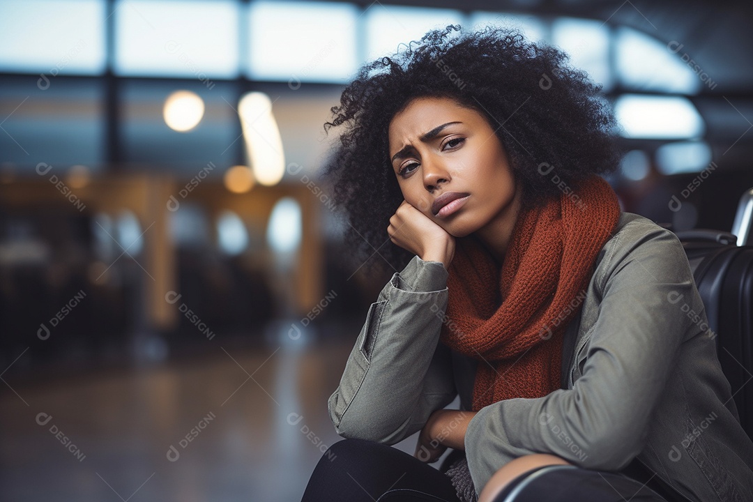 Mulher negra triste porque perdeu o voo no aeroporto