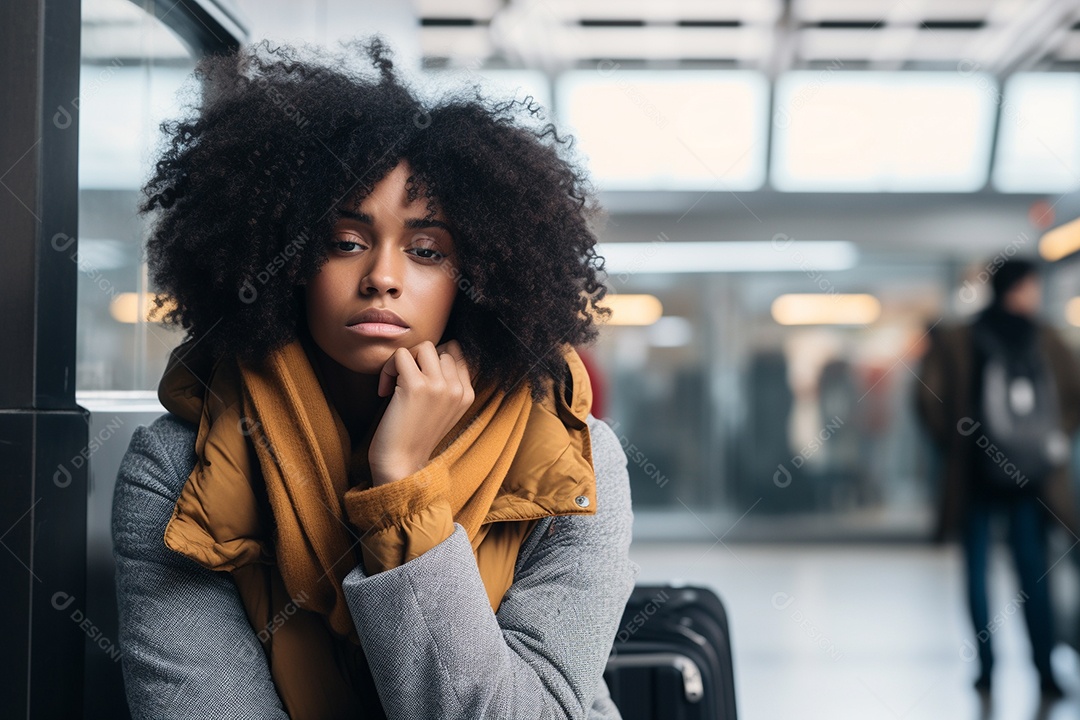 Mulher negra triste porque perdeu o voo no aeroporto