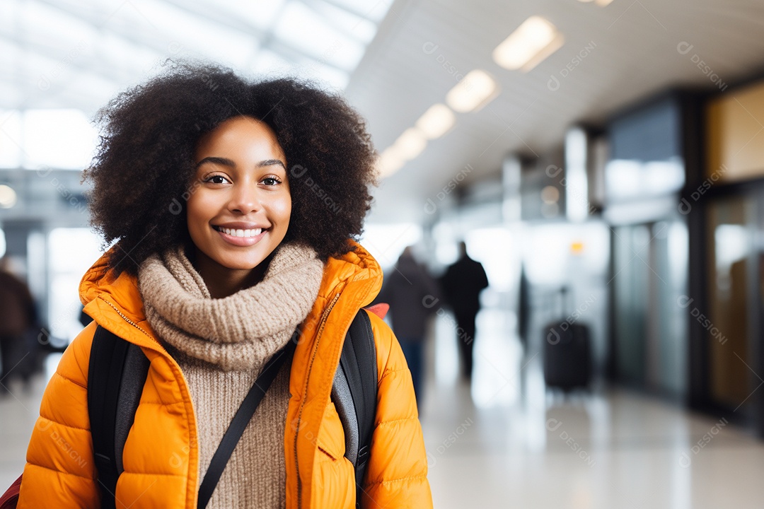 Uma negra feliz no aeroporto porque vai viajar