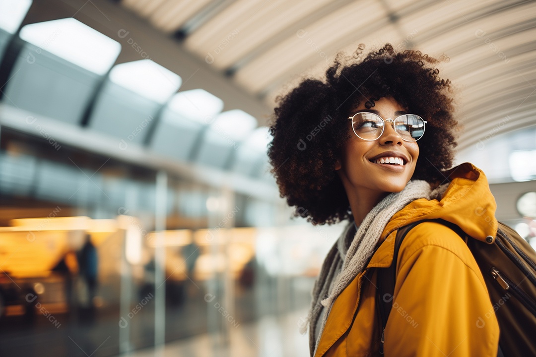 Uma negra feliz no aeroporto porque vai viajar