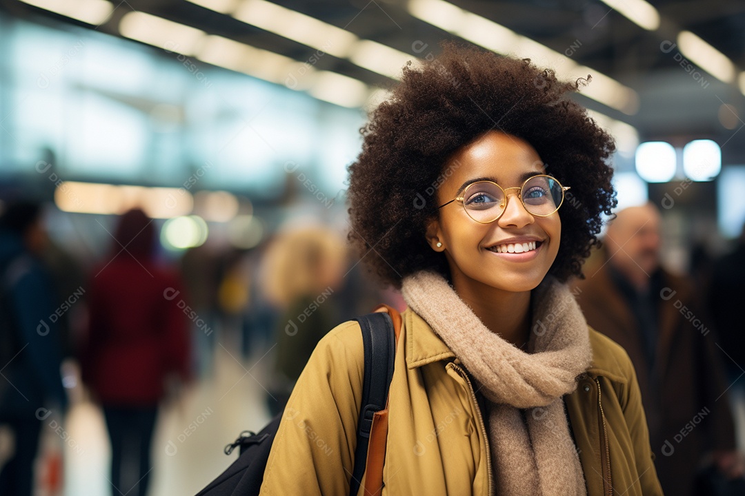 Uma negra feliz no aeroporto porque vai viajar
