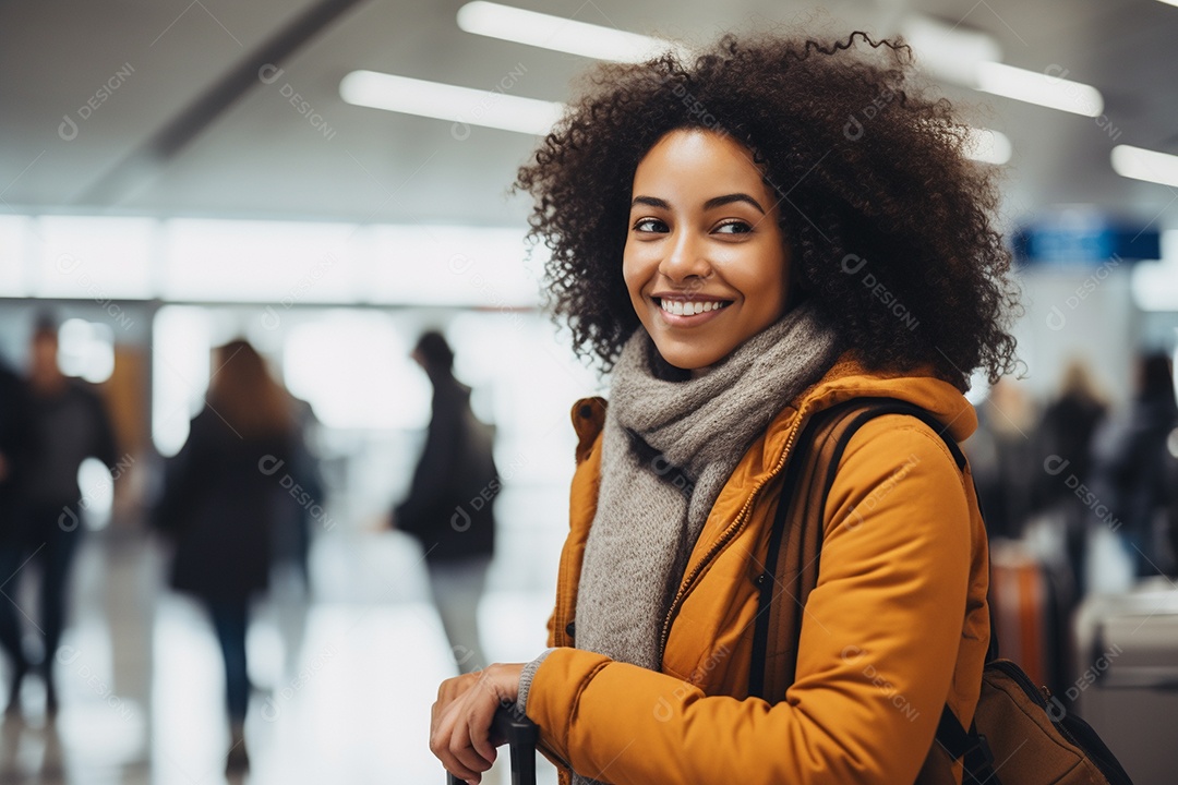 Uma negra feliz no aeroporto porque vai viajar