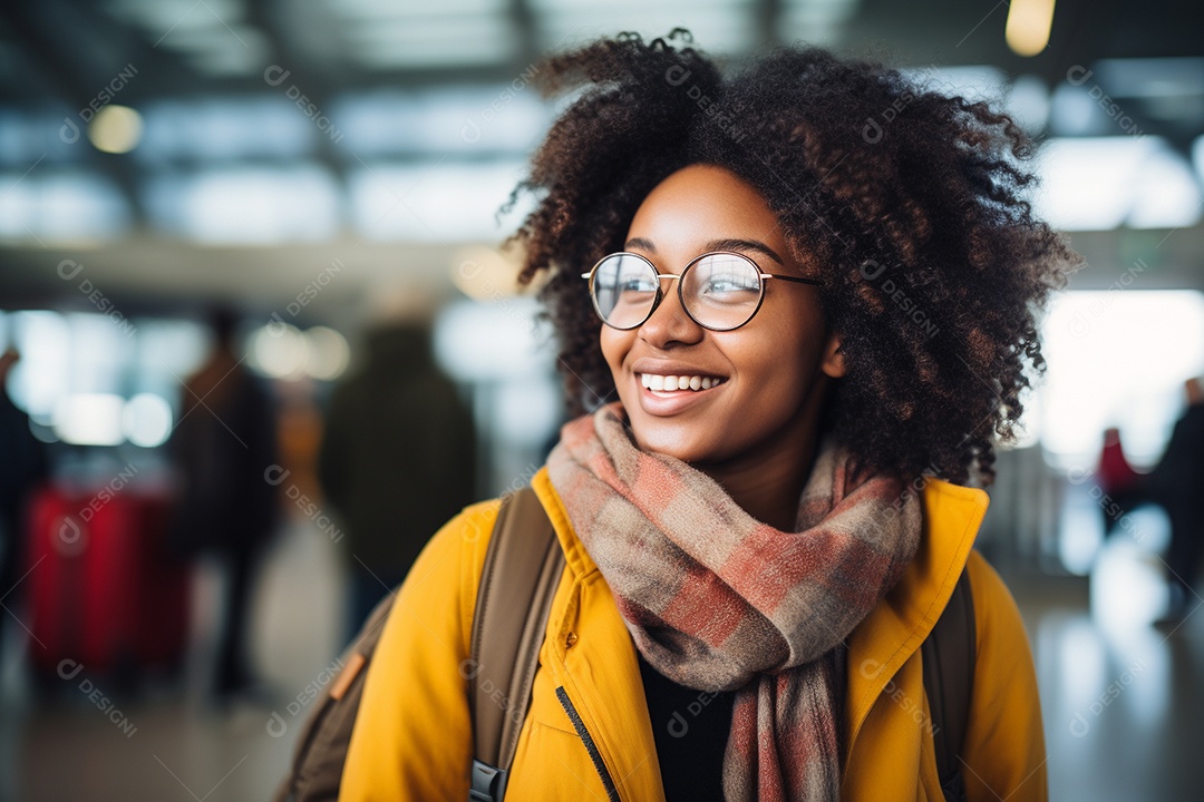 Uma negra feliz no aeroporto porque vai viajar