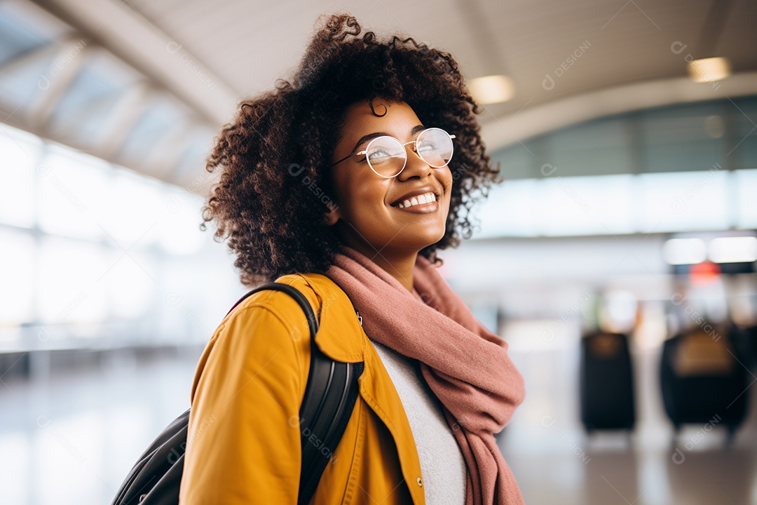 Uma negra feliz no aeroporto porque vai viajar