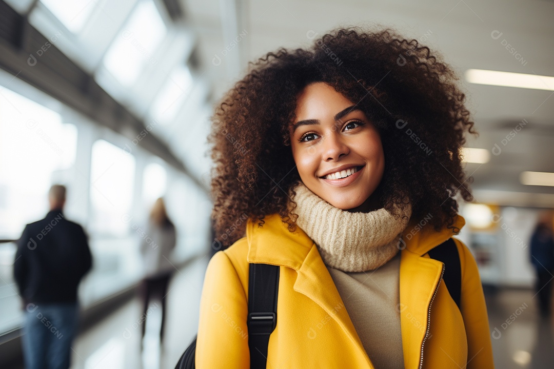 Uma negra feliz no aeroporto porque vai viajar