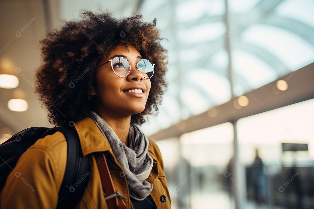 Uma negra feliz no aeroporto porque vai viajar