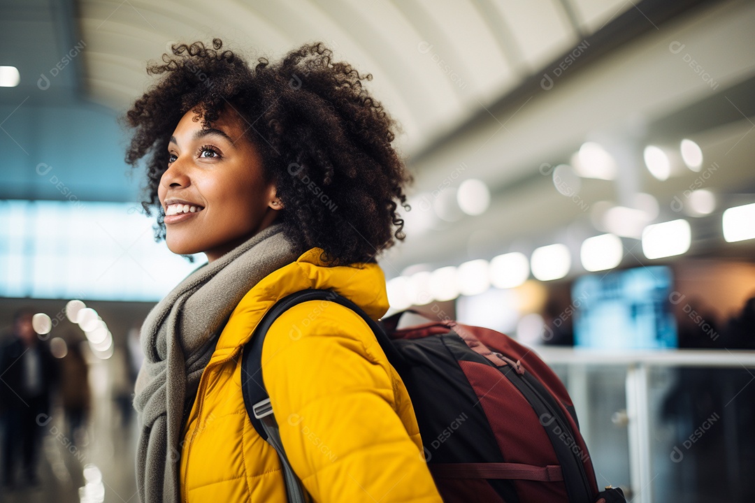 Uma negra feliz no aeroporto porque vai viajar