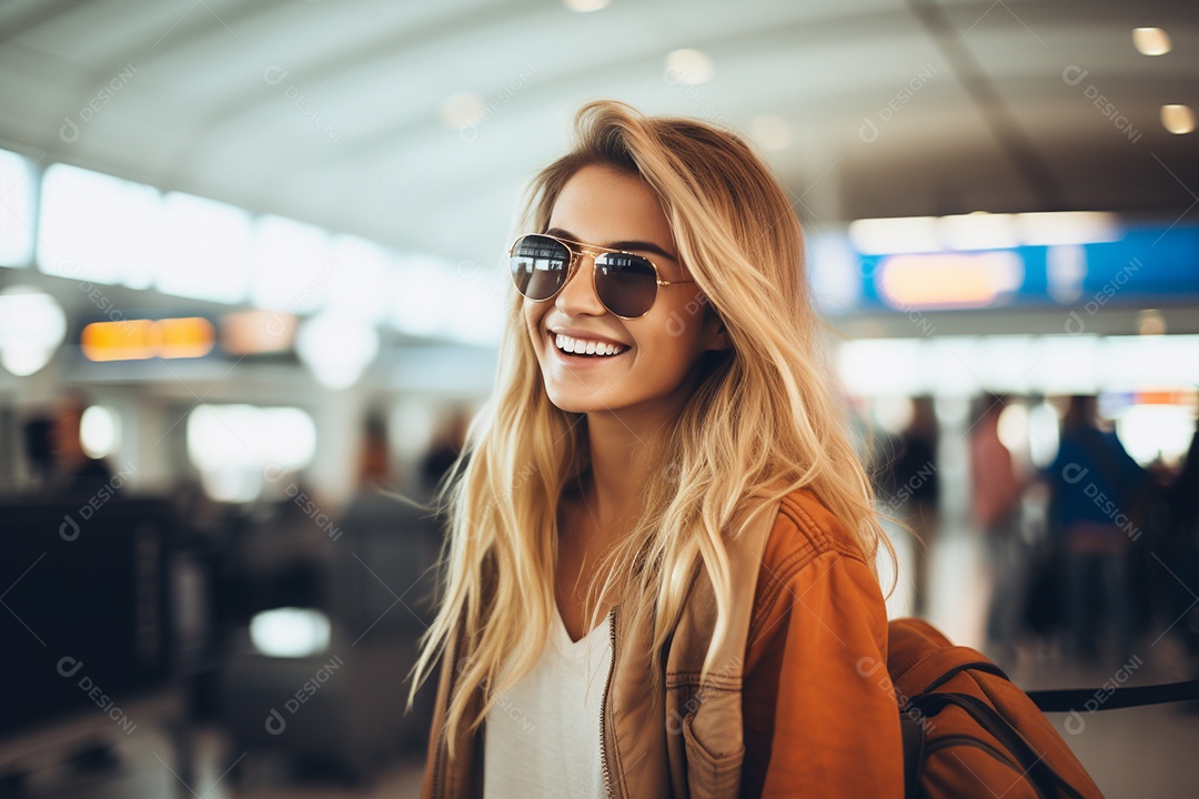Uma mulher feliz no aeroporto porque vai viajar