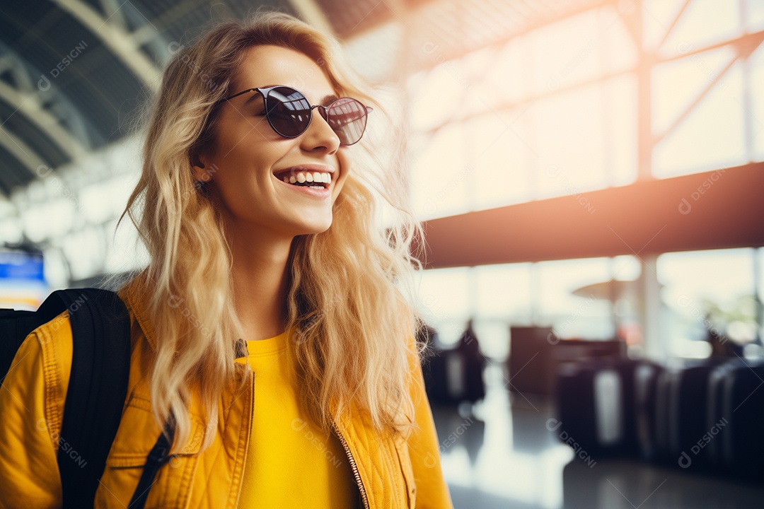 Uma mulher feliz no aeroporto porque vai viajar