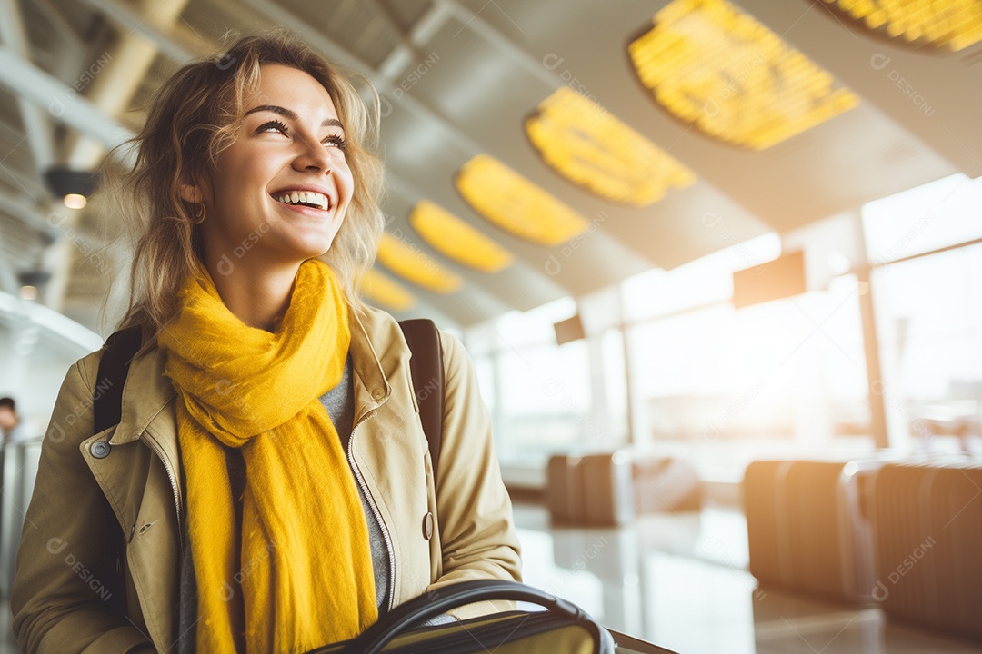 Uma mulher feliz no aeroporto porque vai viajar