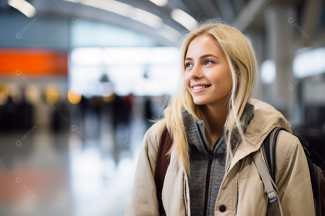 Uma mulher feliz no aeroporto porque vai viajar