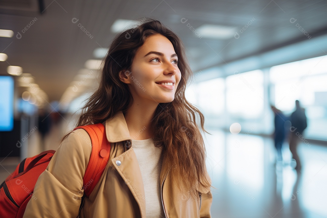 Uma mulher feliz no aeroporto porque vai viajar