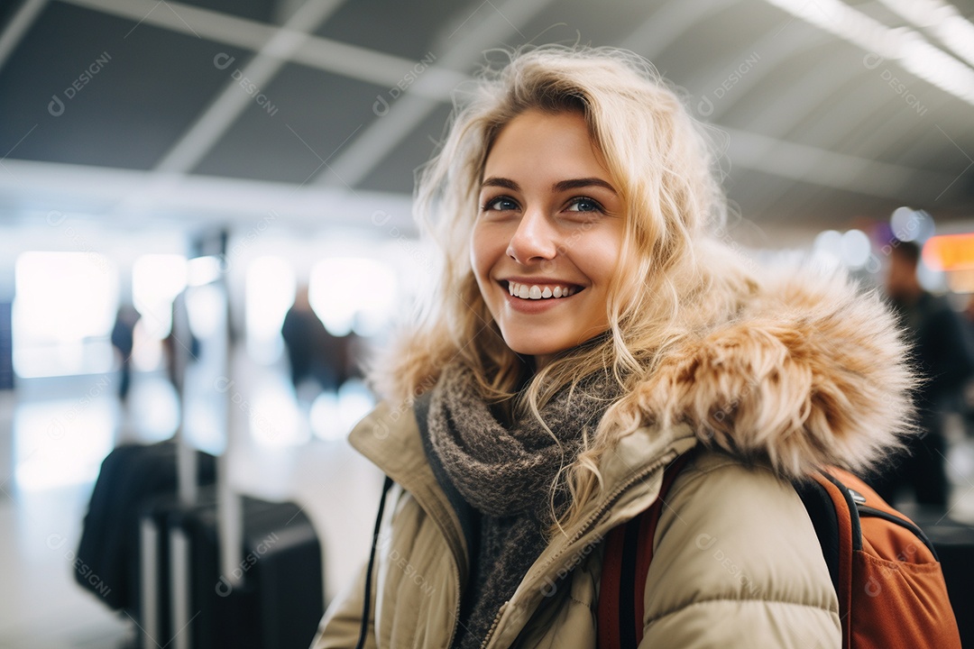 Uma mulher feliz no aeroporto porque vai viajar