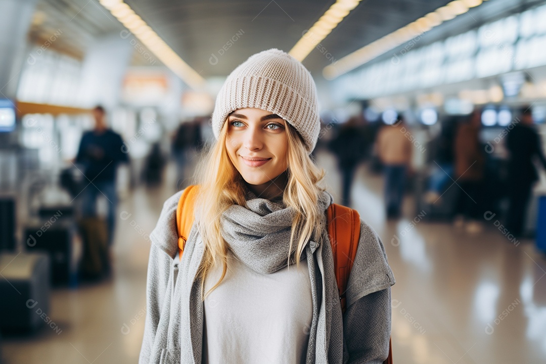 Uma mulher feliz no aeroporto porque vai viajar