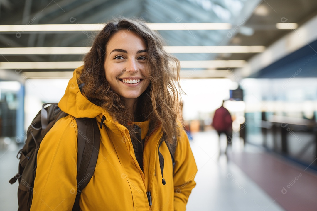 Uma mulher feliz no aeroporto porque vai viajar