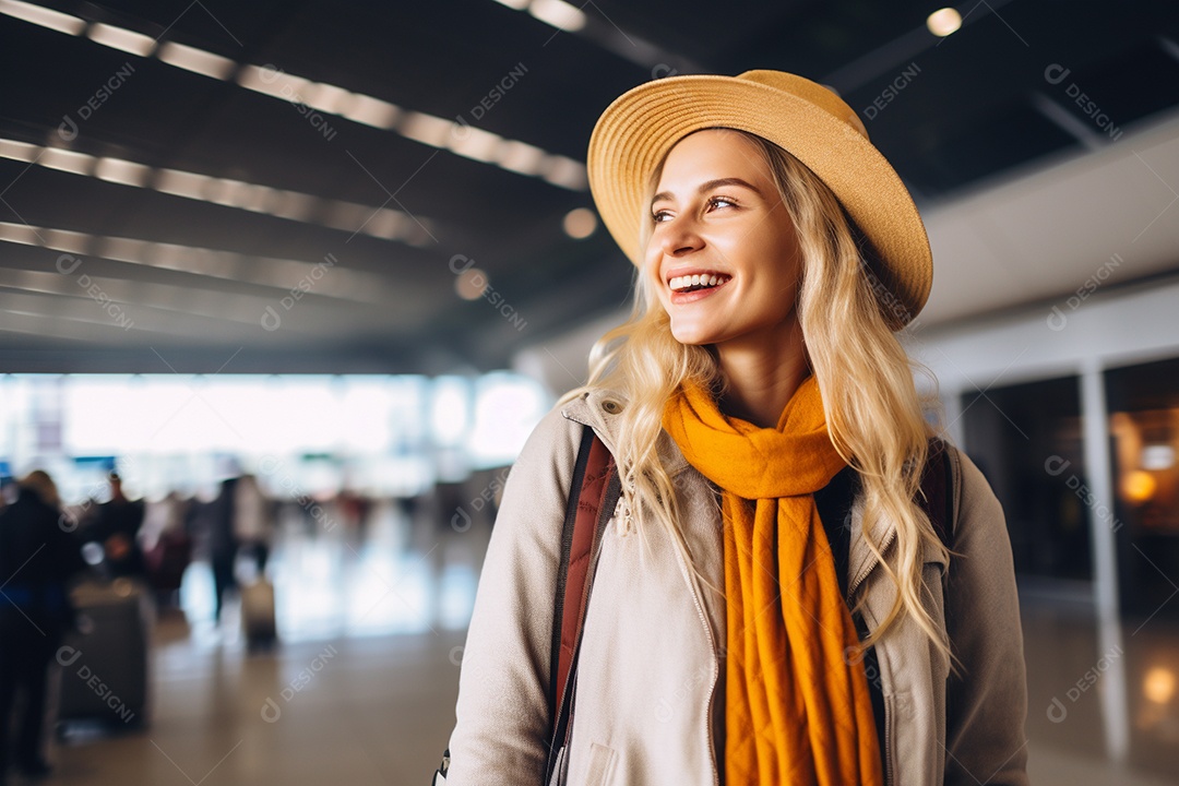 Uma mulher feliz no aeroporto porque vai viajar