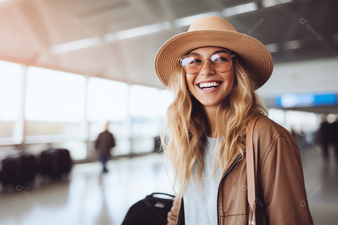 Uma mulher feliz no aeroporto porque vai viajar