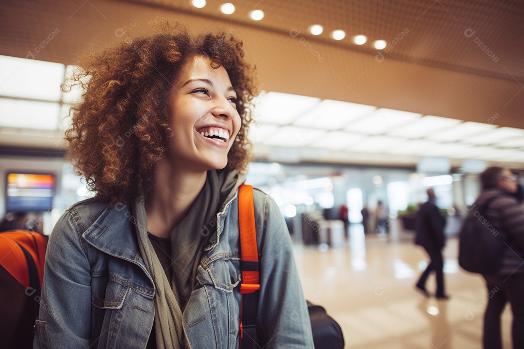 Uma mulher feliz no aeroporto porque vai viajar