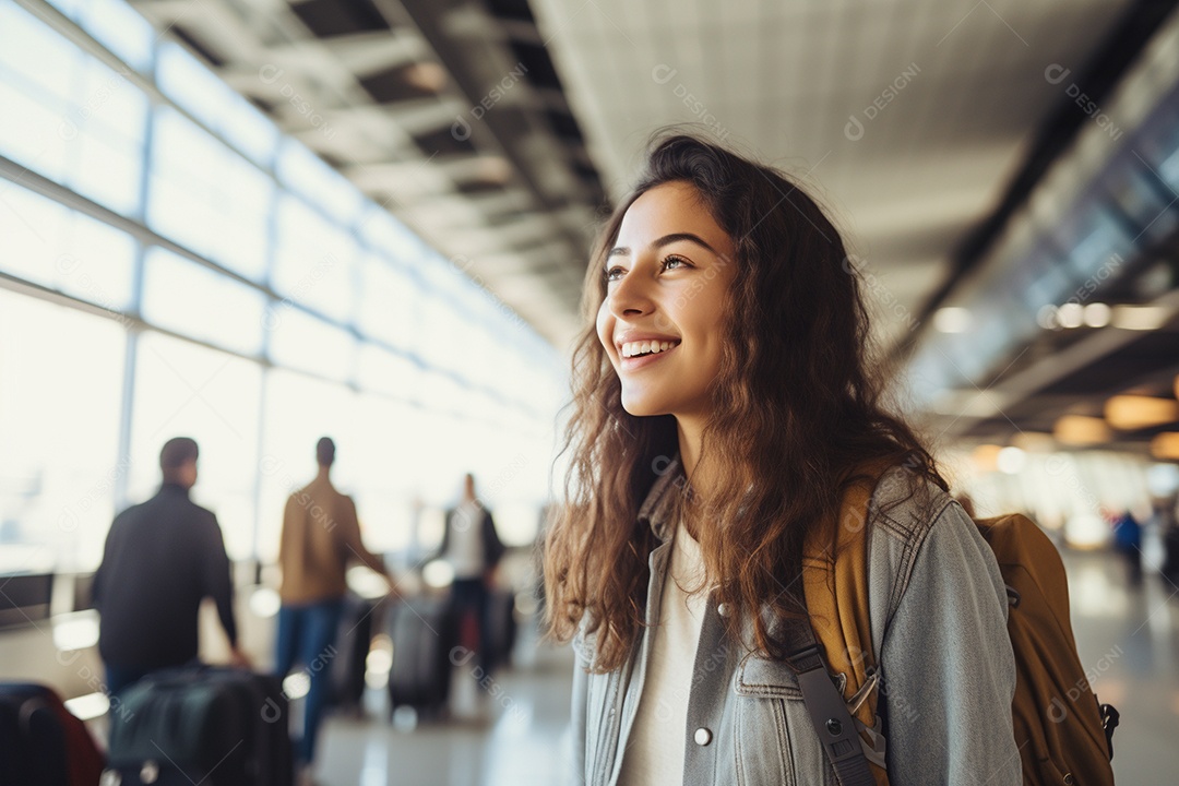 Uma mulher feliz no aeroporto porque vai viajar