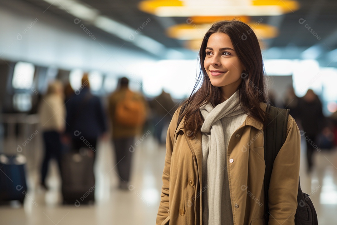 Uma mulher feliz no aeroporto porque vai viajar