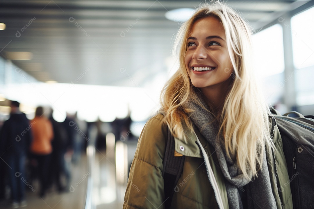 Uma mulher feliz no aeroporto porque vai viajar