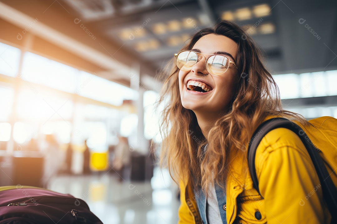 Uma mulher feliz no aeroporto porque vai viajar