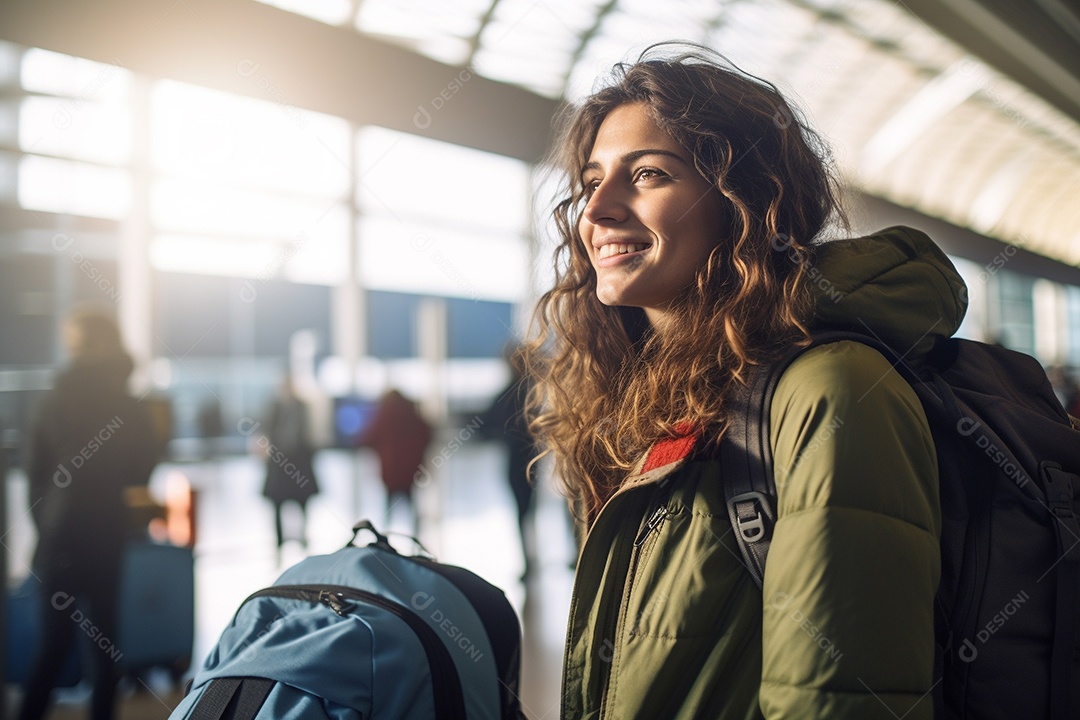 Uma mulher feliz no aeroporto porque vai viajar