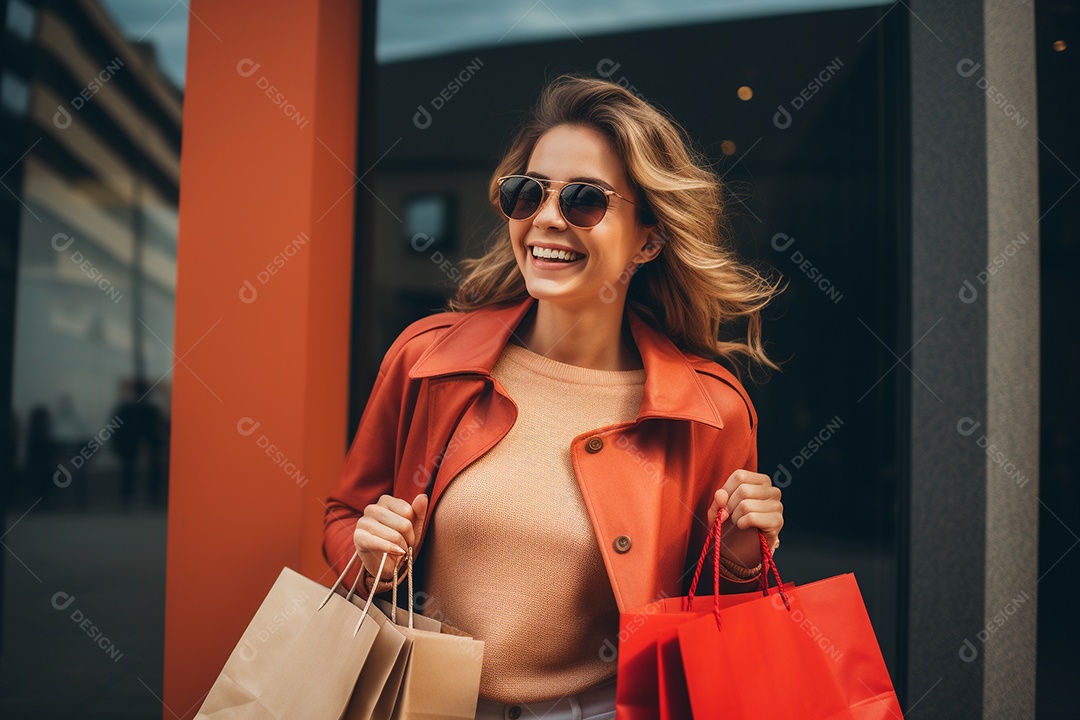 Uma mulher sorridente com sacolas de compras