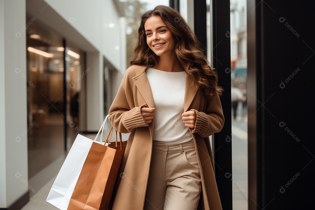 Uma mulher sorridente com sacolas de compras