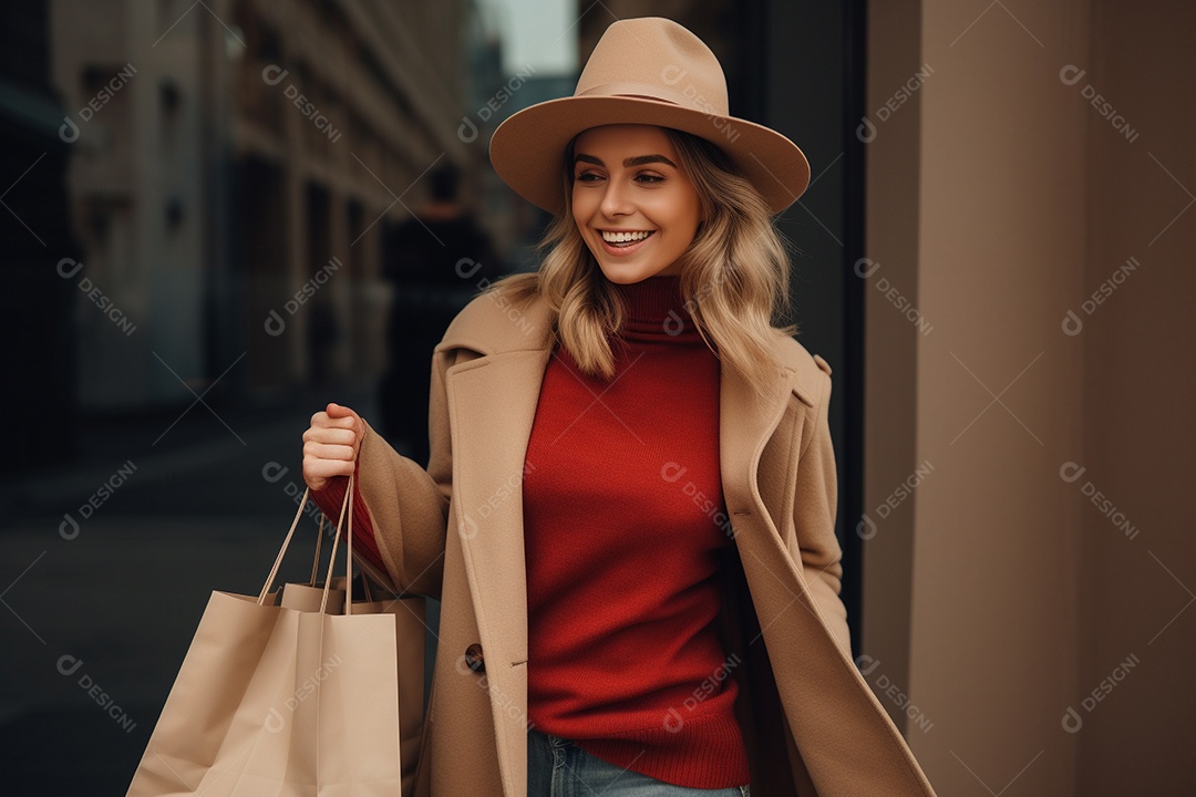 Uma mulher sorridente com sacolas de compras