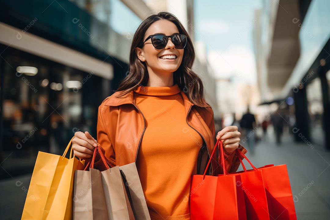 Uma mulher sorridente com sacolas de compras