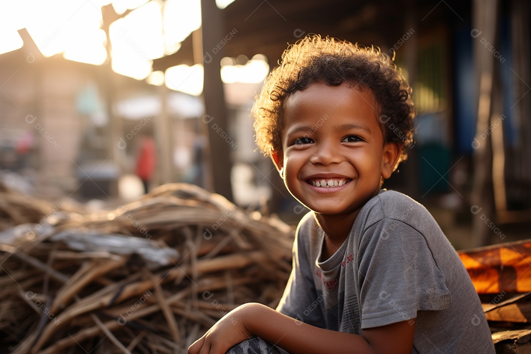 Um menino sorridente em uma favela brasileira